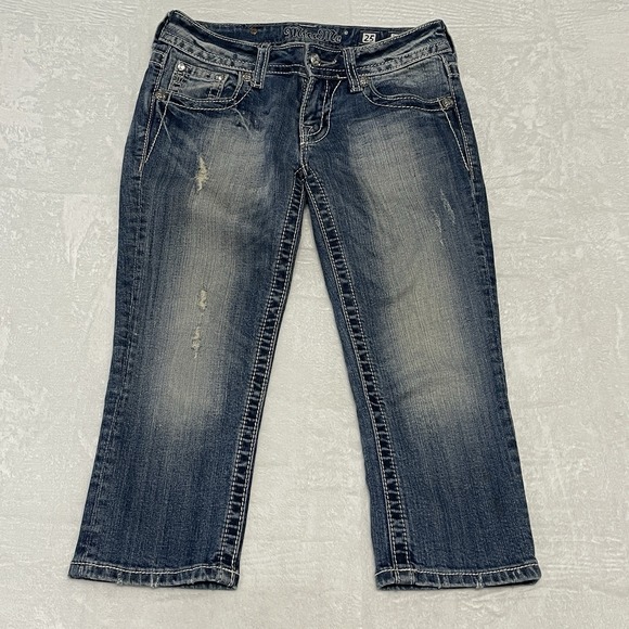 Miss Me Y2K Capri Jeans Women Sz 25 Embellished Rhinestone Flap Pocket Distress - Picture 3 of 11